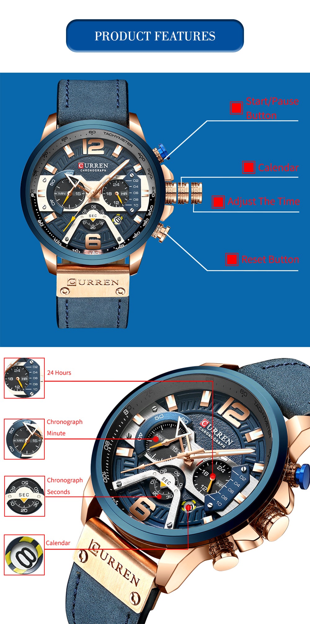 CURREN LEATHER CHRONOGRAPH WATCHES