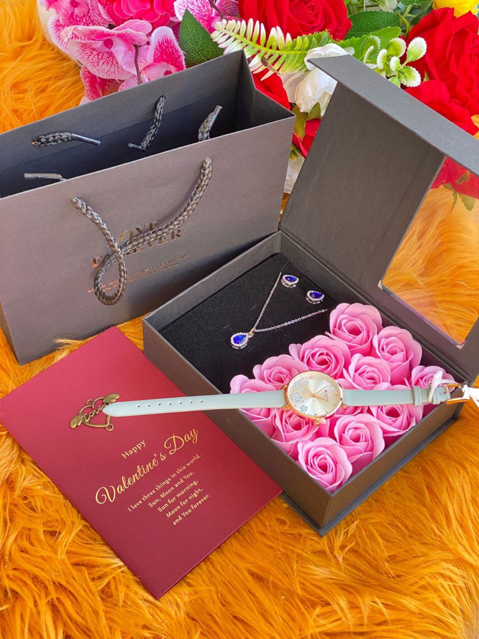 LADIES GIFT SET (Watch,Necklace,Earrings, Preserved roses,a note and gift bag)