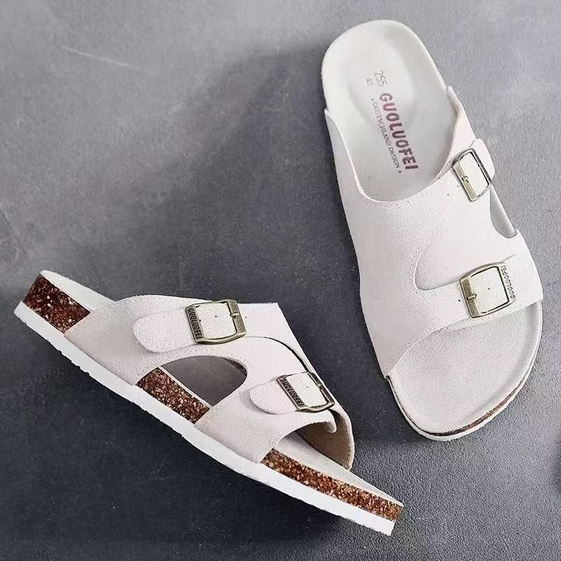 SPLIT SUEDE BUCKLE CORK SANDALS
