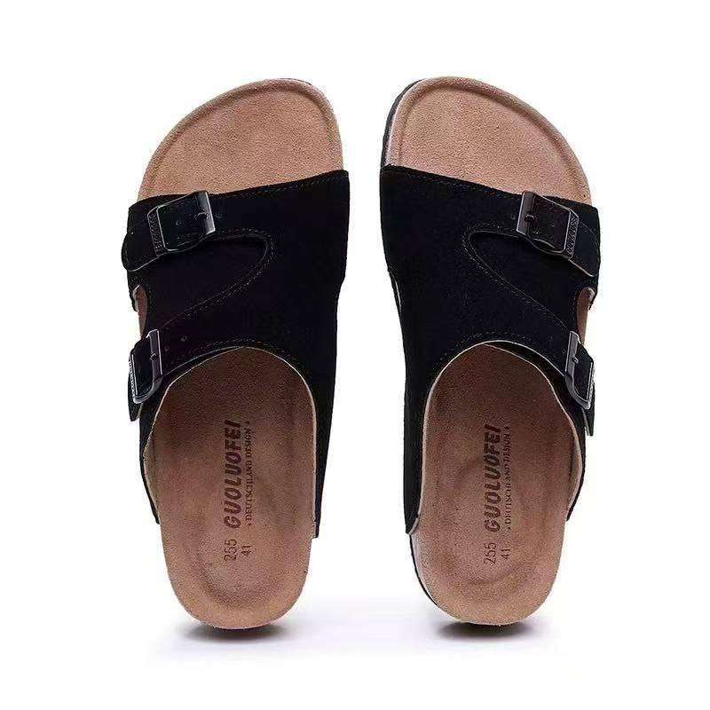 SPLIT SUEDE BUCKLE CORK SANDALS
