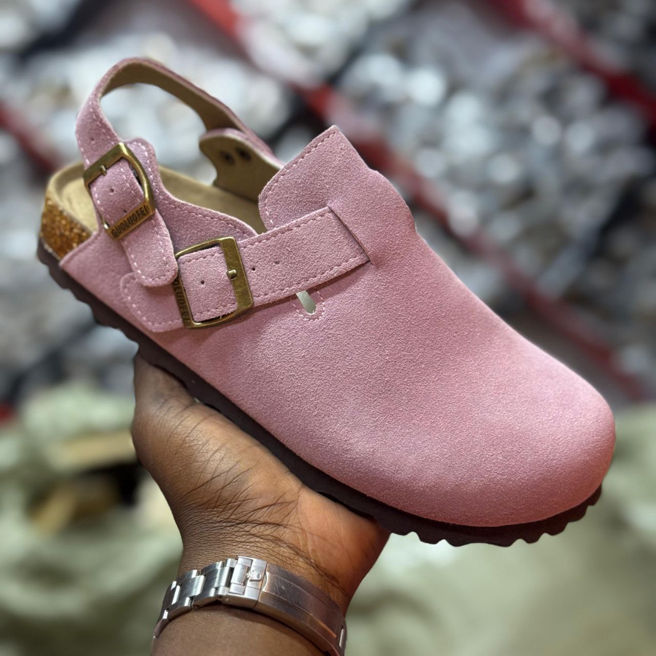 PINK BUCKLE CORK SANDALS