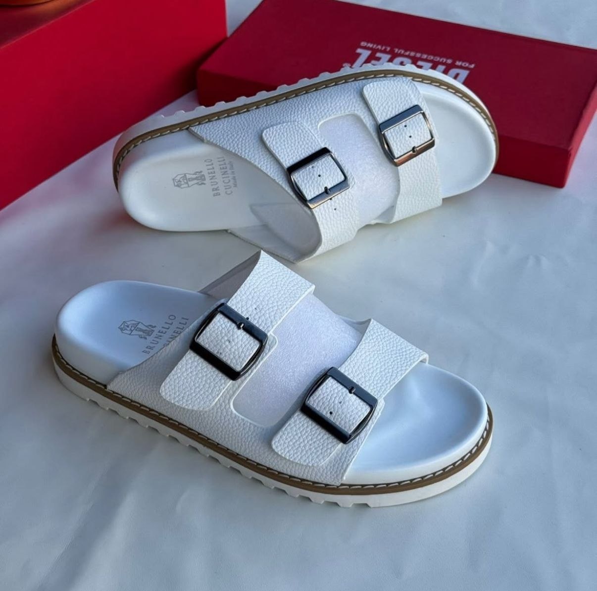BRUNELLO DOUBLE BUCKLE COMFORT SLIDES