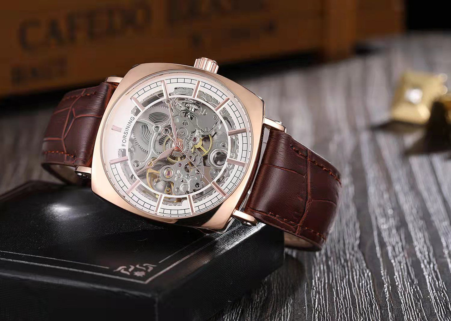 LEATHER FORSINING AUTOMATIC SKELETON WATCH
