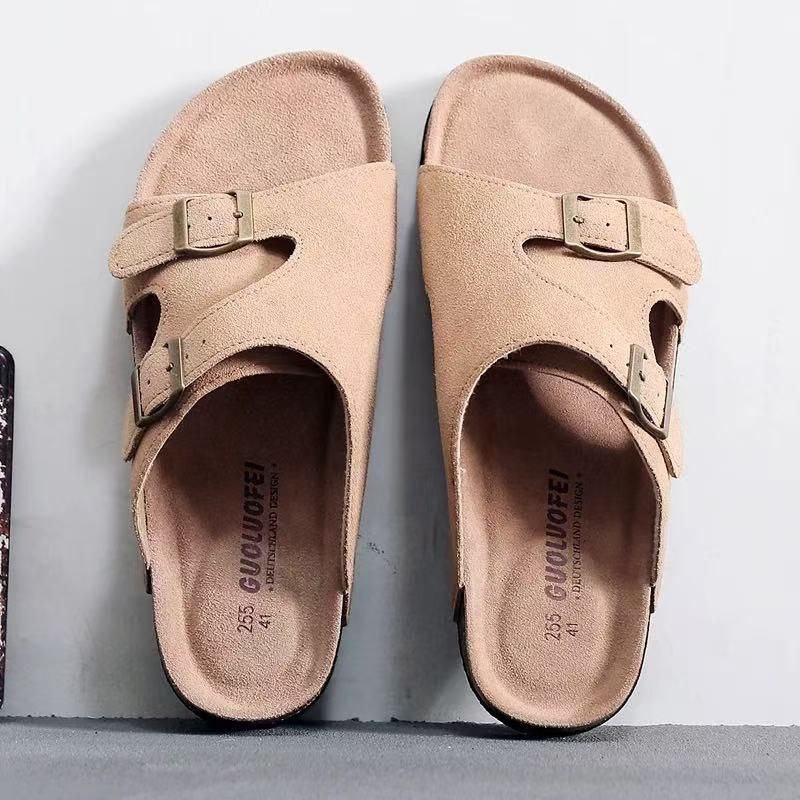 SPLIT SUEDE BUCKLE CORK SANDALS