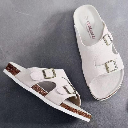 SPLIT SUEDE BUCKLE CORK SANDALS