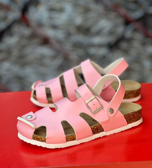 PINK BUCKLE CORK SANDALS