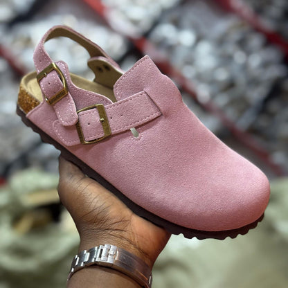 PINK BUCKLE CORK SANDALS