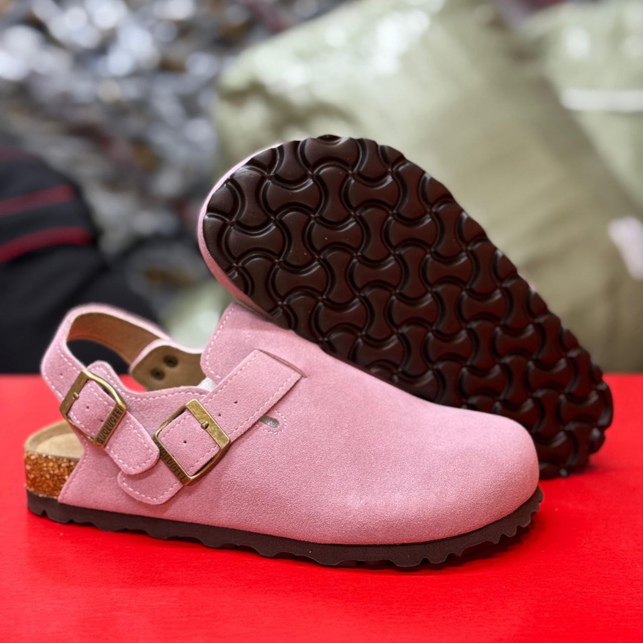 PINK BUCKLE CORK SANDALS