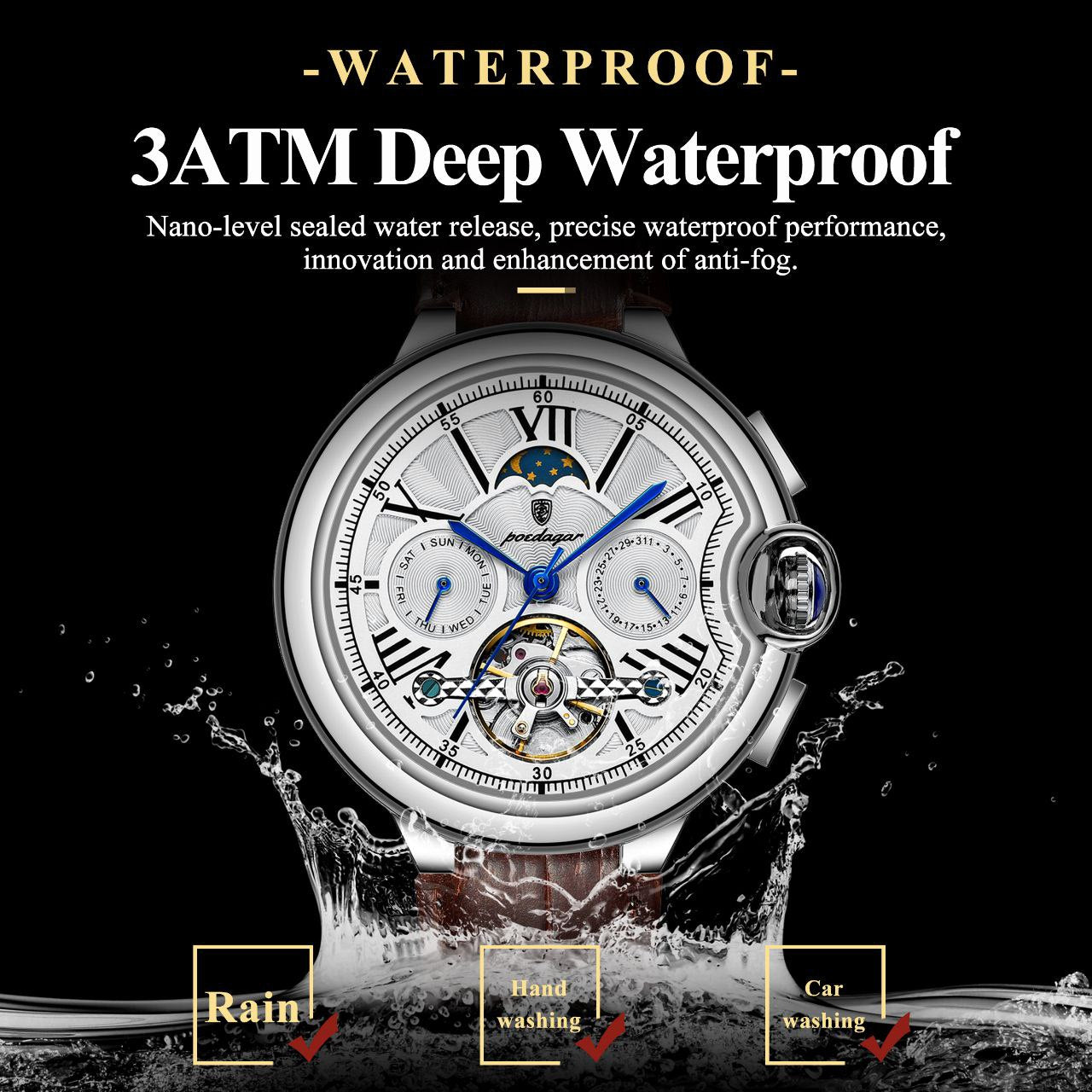 POEDAGAR 1413 AUTOMATIC LEATHER WATCH