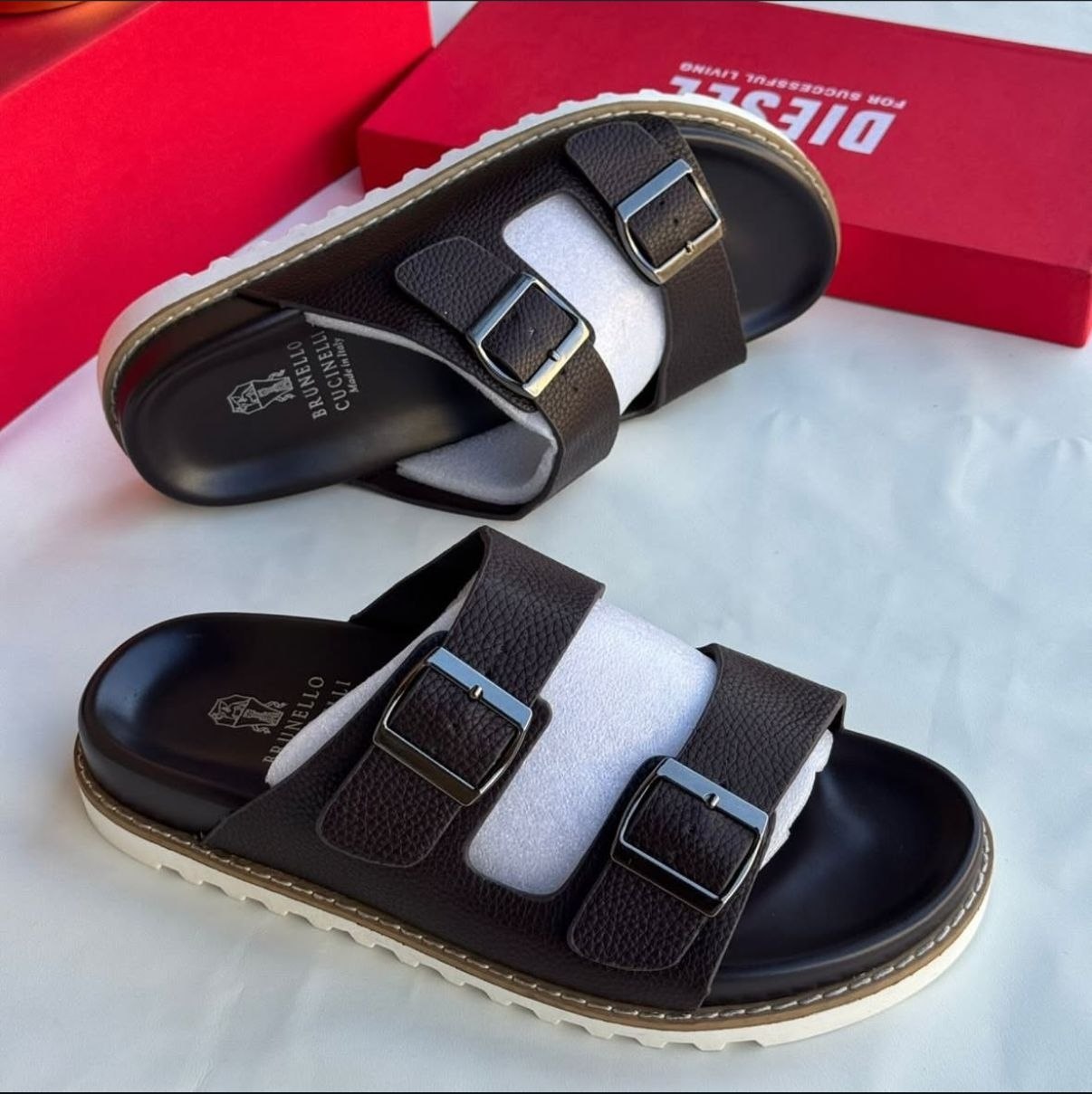 BRUNELLO DOUBLE BUCKLE COMFORT SLIDES
