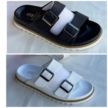 BRUNELLO DOUBLE BUCKLE COMFORT SLIDES