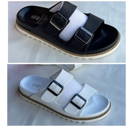 BRUNELLO DOUBLE BUCKLE COMFORT SLIDES