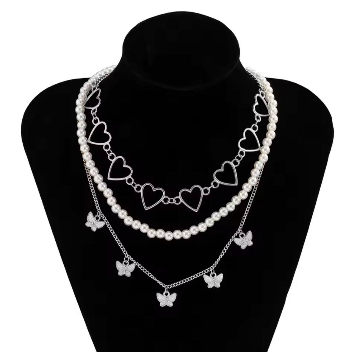 ELEGANT 3-LAYER, HEART AND BUTTERFLY NECKLACE