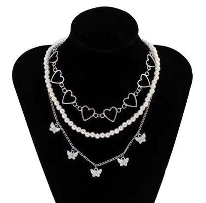 ELEGANT 3-LAYER, HEART AND BUTTERFLY NECKLACE