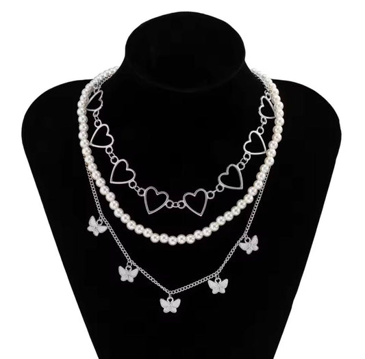 ELEGANT 3-LAYER, HEART AND BUTTERFLY NECKLACE