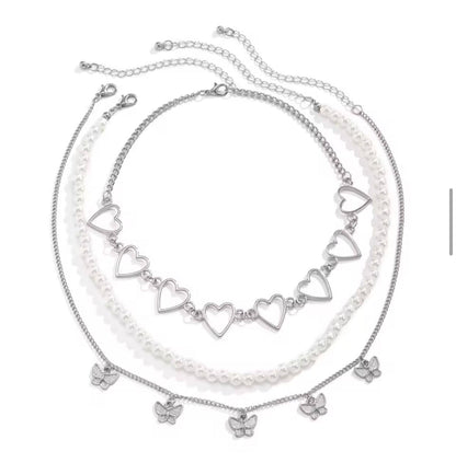ELEGANT 3-LAYER, HEART AND BUTTERFLY NECKLACE