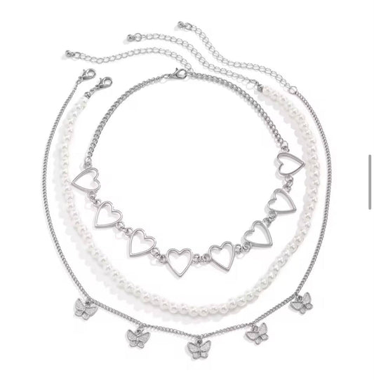 ELEGANT 3-LAYER, HEART AND BUTTERFLY NECKLACE