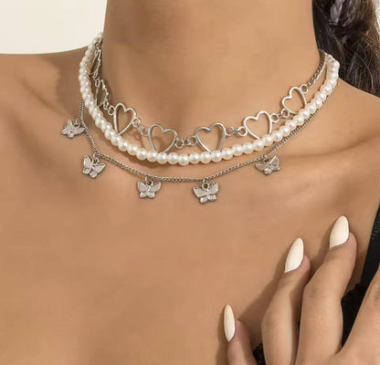 ELEGANT 3-LAYER, HEART AND BUTTERFLY NECKLACE