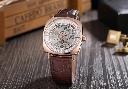 LEATHER FORSINING AUTOMATIC SKELETON WATCH
